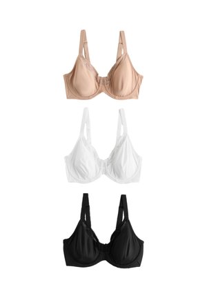 Trois soutiens-gorge à armatures en beige, blanc et noir, disposés verticalement sur fond blanc.
