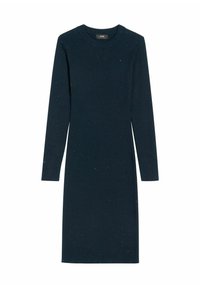 Sukienka dzianinowa w ciemnym granacie z długimi rękawami, prążkowaną fakturą i delikatnymi iskierkami w całej powierzchni. Okazały dekolt i dopasowany krój.