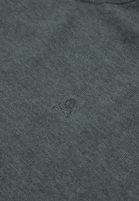 Pull en maille vert foncé avec une texture subtile. Présente un petit logo brodé de crâne et os croisés sur la poitrine.