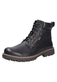 Botas de tacón de cuero negro con puntera redondeada, diseño de cordones, tacón reforzado y suela de goma texturizada para mayor tracción.