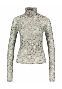 Maglia a maniche lunghe con collo alto realizzata in tessuto leggero e trasparente, caratterizzata da un motivo floreale a margherite in bianco e nero.