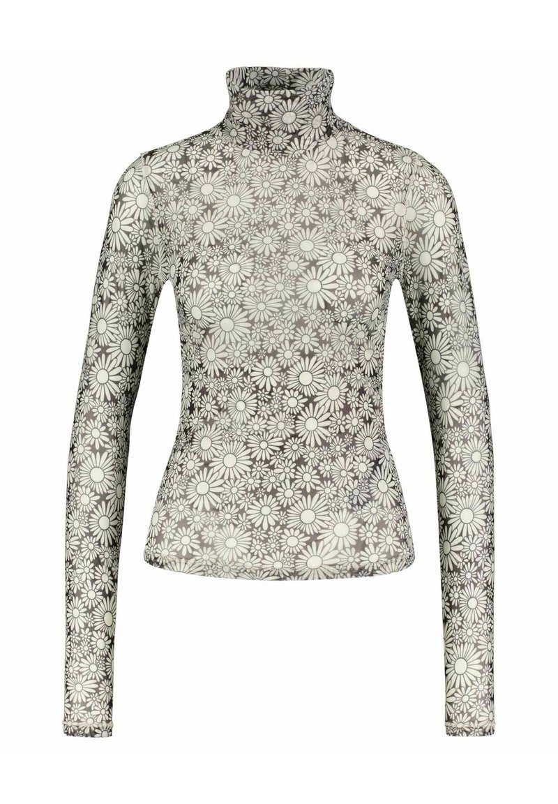 Maglia a maniche lunghe con collo alto realizzata in tessuto leggero e trasparente, caratterizzata da un motivo floreale a margherite in bianco e nero.