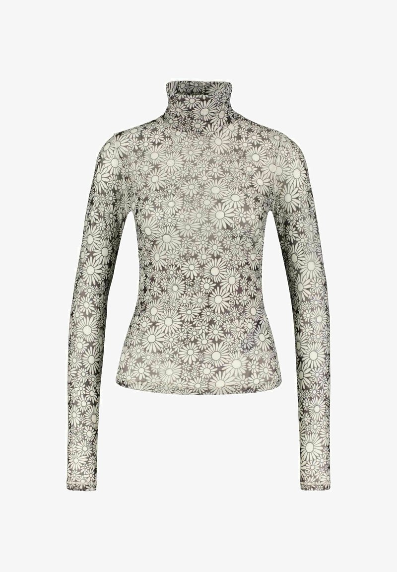 Maglia a maniche lunghe con collo alto realizzata in tessuto leggero e trasparente, caratterizzata da un motivo floreale a margherite in bianco e nero.