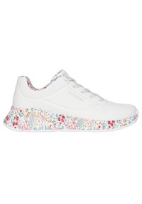 Weiße Sneaker mit strukturiertem Lederobermaterial, Blumenmuster-Zwischensohle in Rosa, Blau und Creme sowie grauen Schnürsenkeln. Markenlogo an der Seite.