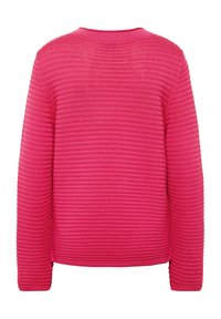 Rosa gerippter Pullover mit langen Ärmeln, rundem Ausschnitt, strukturierter Oberfläche und lockerem Schnitt. Die Rückansicht zeigt das gleichmäßige Streifenmuster.