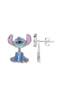 Orecchini a stud in tonalità argento con un design in smalto blu e viola di un personaggio con grandi orecchie e un'espressione giocosa.