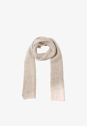 Bufanda beige acanalada hecha de un material tejido suave, con un patrón texturizado y una forma larga y rectangular adecuada para envolver.