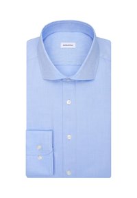 Camicia azzurra chiara con colletto classico, chiusura a bottoni e maniche lunghe. Realizzata in tessuto liscio, presenta un design semplice e polsini singoli.