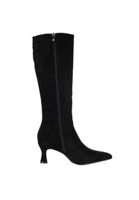 Bota de ante negra hasta la rodilla con punta afilada y tacón kitten. Cuenta con una cremallera lateral para el cierre y un acabado suave y texturizado.