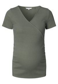 Gravid T-shirt i olivengrøn, kortærmet, ribbet tekstur, V-hals design med en indpakningsstil, der har samlinger i siderne for bedre pasform.