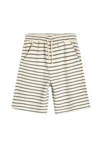 Cremefarbene Baumwollshorts mit horizontalen dunkelblauen Streifen, ausgestattet mit einem elastischen Bund und Kordelzug sowie seitlichen Taschen. Weiche Textur.