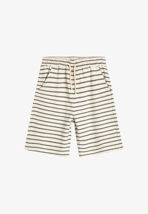 Cremefarbene Baumwollshorts mit horizontalen dunkelblauen Streifen, ausgestattet mit einem elastischen Bund und Kordelzug sowie seitlichen Taschen. Weiche Textur.
