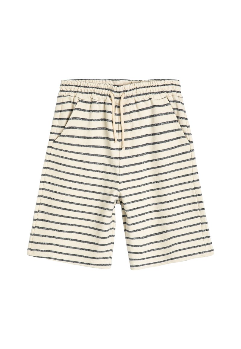 Cremefarbene Baumwollshorts mit horizontalen dunkelblauen Streifen, ausgestattet mit einem elastischen Bund und Kordelzug sowie seitlichen Taschen. Weiche Textur.