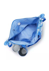 Borsa tote blu con chiusura a zip, dotata di un interno liscio, una tasca con zip e due scomparti cilindrici nella parte inferiore.