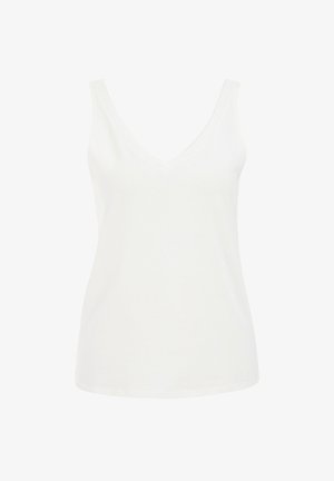 Bela brezrokavna majica z V-izrezom, izdelana iz mehkega materiala, s klasičnim krojem in gladko teksturo. Brez vidnih vzorcev ali detajlov.