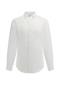 Camicia bianca a maniche lunghe con bottoni, realizzata in morbido cotone. Presenta un colletto a punta e un orlo arrotondato con chiusure a bottone standard.