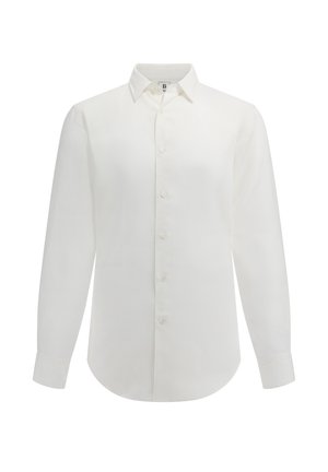 Camisa blanca de manga larga y botones, hecha de un suave tejido de algodón. Presenta un collar con puntas y un dobladillo redondeado con cierres de botones estándar.