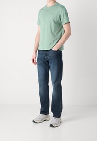 Lys grøn bomulds t-shirt med korte ærmer, paired med mørkeblå denim jeans. Sorte og grå sneakers fuldender outfittet.