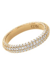 Gold ring featuring a band adorned with clear, round stones set in intricate rows, creating a textured and reflective surface.