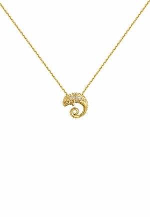 Colgante de camaleón en oro sobre una cadena fina, con un detalle intrincado y un diseño de cola en espiral, adornado con acentos de piedras preciosas.