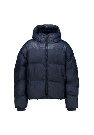 Dunkelblaue Steppjacke mit Reißverschluss vorne, hohem Kragen, verstellbarer Kapuze und gerippten Bündchen für kaltes Wetter.