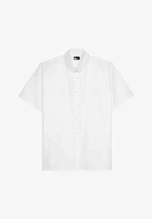 Hvid kortærmet skjorte lavet af glat stof, med en klassisk button-down krave og front luge med knapper, komplet med diskret logo-detalje.