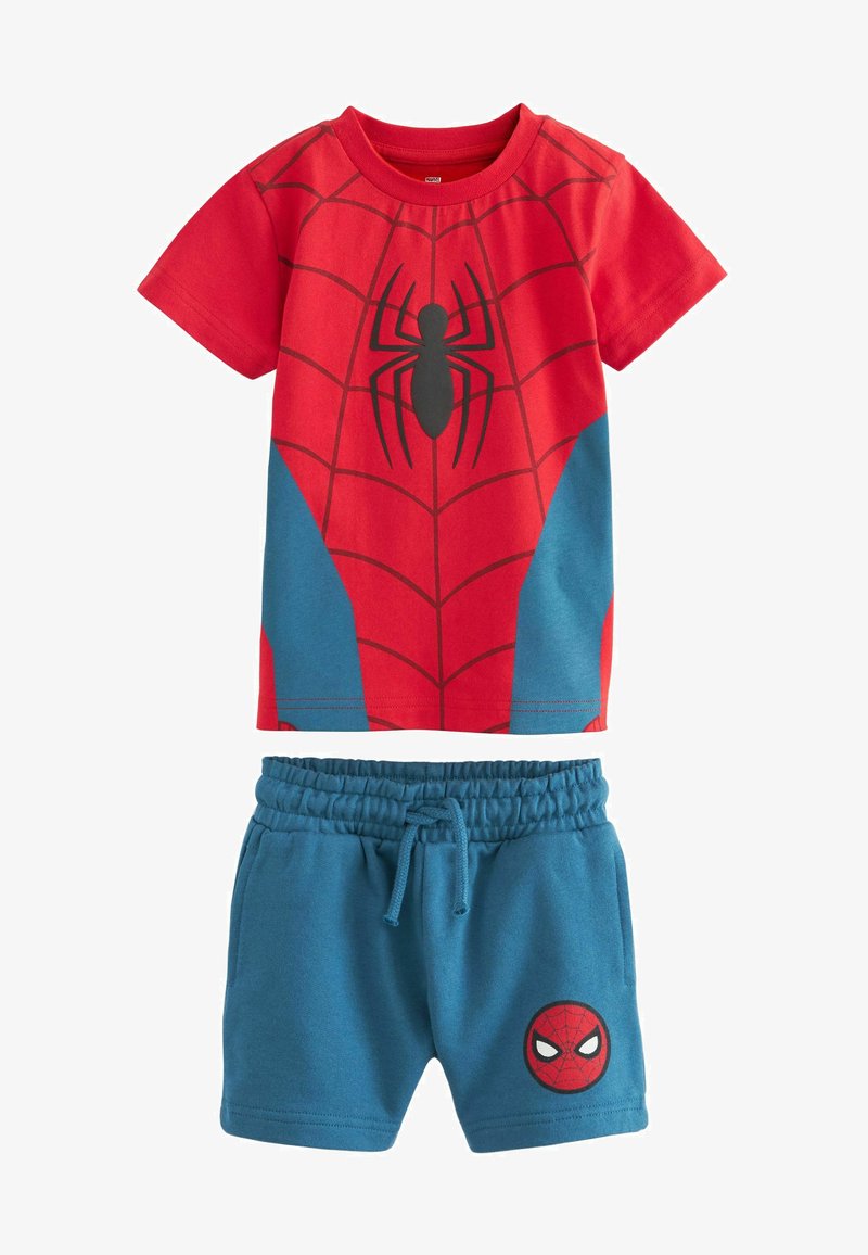 Rotes T-Shirt mit einem schwarzen Spider-Man-Graphic und blauen Shorts mit einem Spider-Man-Patch. Aus weicher Baumwolle, mit einem bequemen elastischen Bund.