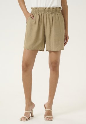 Khaki shorts med en elastisk, flæset talje, sidelommer og en løs pasform. Fremstillet af letvægts, tekstureret stof for komfort.