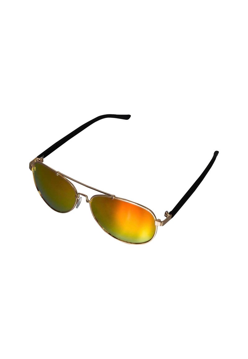Ochelari de soare cu ramă aurie, de formă aviator, având lentile reflectorizante cu gradient de la portocaliu la verde și brațe texturate negre.