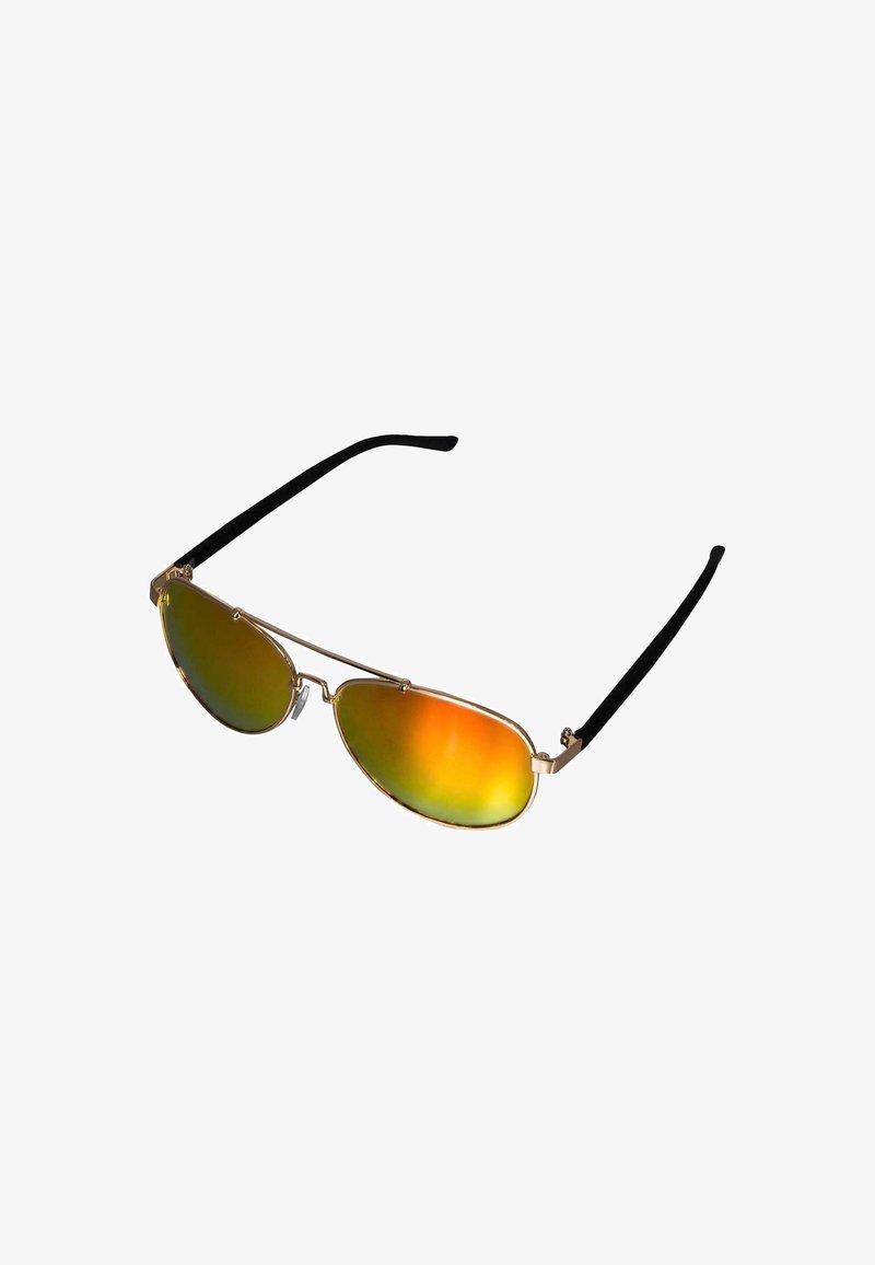 Kuldse raami päikeseprillid, millel on lennuki piloodi kuju, gradient oranžist roheliseks peegelprillid ja must tekstuuriga käepidemed.