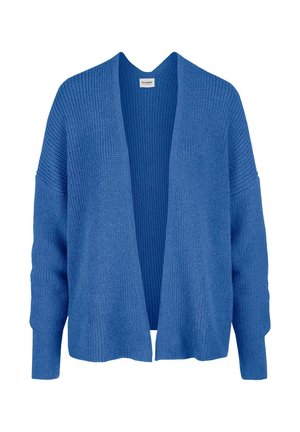 Blauer, offen vorn getragener Strickcardigan mit langen Ärmeln und gerippter Struktur, auf weißem Hintergrund präsentiert.