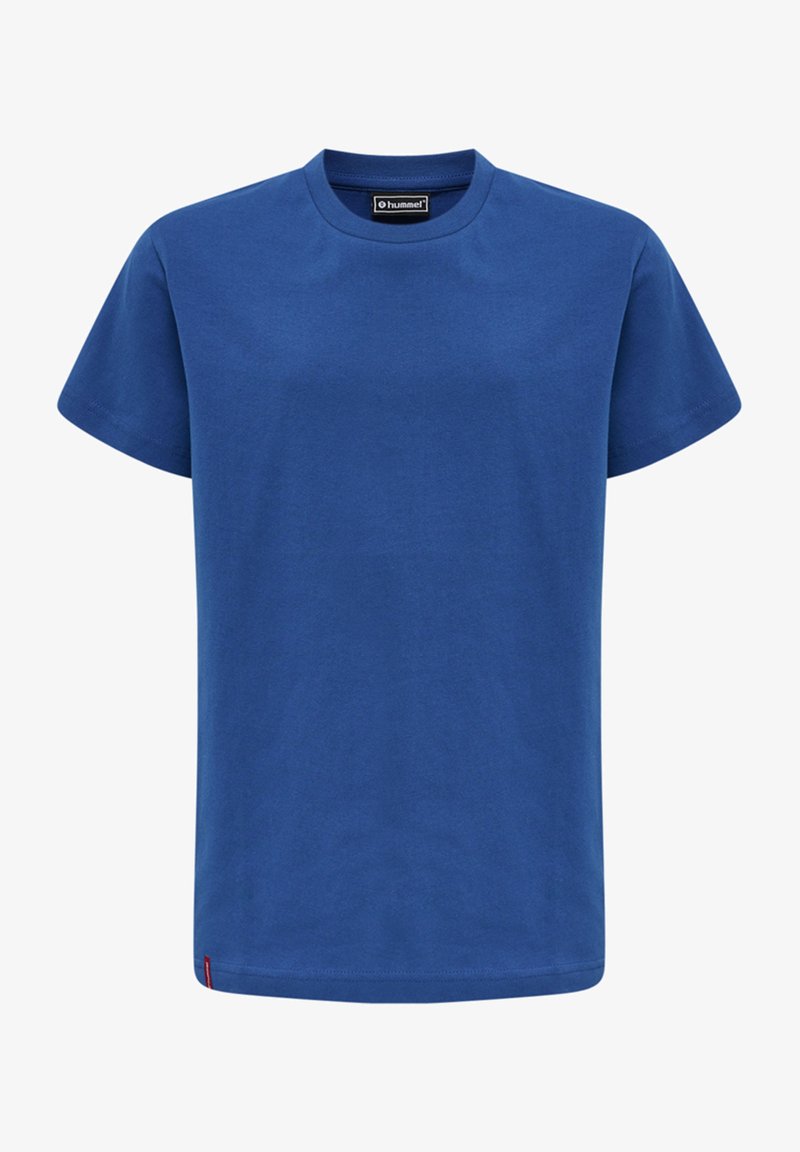 Katoenen T-shirt in effen blauw met een ronde hals, korte mouwen en een rechte zoom. Bevat een klein rood merklabel aan de onderkant links.