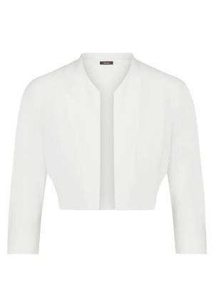 Veste blanche courte avec manches longues, texture lisse, design ouvert à l'avant et sans fermetures. Silhouette simple et moderne.