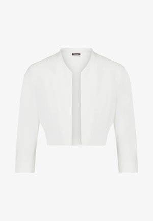 Veste blanche courte avec manches longues, texture lisse, design ouvert à l'avant et sans fermetures. Silhouette simple et moderne.