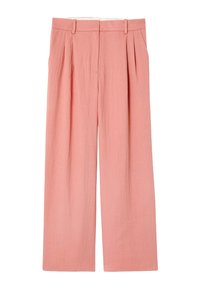 Pantalons larges roses avec une texture lisse, dotés de plis à l'avant, d'une taille ajustée et de passants de ceinture. Design sur mesure sans poches visibles.