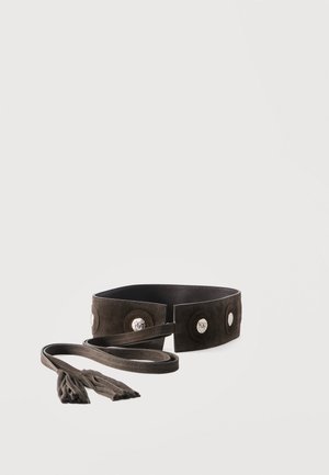 Dark brown suede belt with wide band, silver decorative buttons, and long tassel ends on a plain light background.