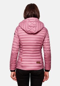 Pink quilted jacket with a hood, featuring horizontal stitching, elastic cuffs, and a fabric label on the lower side.