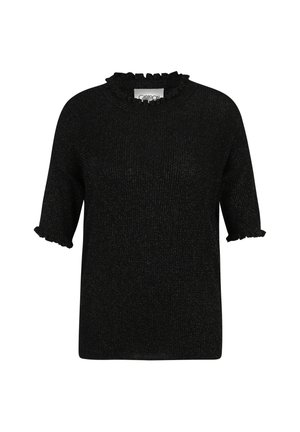 Czarna, dzianinowa bluzka krótki rękaw z falbanowym dekoltem i rękawami o subtelnej metalicznej poświacie, dająca teksturowany wygląd.