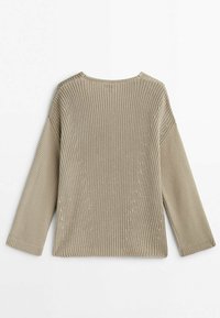 Beige knitted sweater featuring a textured pattern, wide sleeves, and a round neckline, with visible seam details on the back.