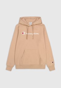 Sudadera beige hecha de una mezcla de algodón. Cuenta con una capucha ajustable, un bolsillo frontal y el logo "Champion" en blanco con un acento rojo en el pecho.