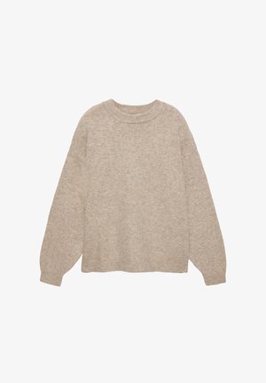 Beige strikketrøje med rund halsudskæring, lange ærmer og tekstureret finish. Har ribbede manchetter og kant. Løs pasform, minimalistisk design.