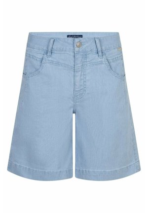 Lichtblauwe denim shorts met voorzakken, ceintuurlussen, knoopsluiting en naadloze zoom, afgebeeld tegen een witte achtergrond.