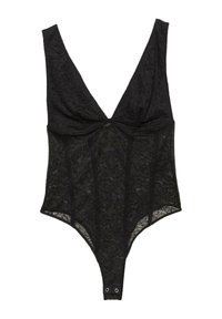 Fekete csipkebodysuit mély V-kivágással, széles pántokkal és patentos záródással az alján. Puha textúra virágos mintázattal.