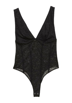 Čierny čipkovaný body s hlbokým výstrihom do V, širokými ramienkami a zapínaním na patentky na spodnej strane. Mäkká textúra s detailmi kvetinového vzoru.