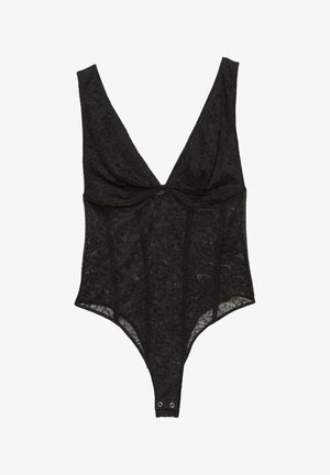 Fekete csipkebodysuit mély V-kivágással, széles pántokkal és patentos záródással az alján. Puha textúra virágos mintázattal.