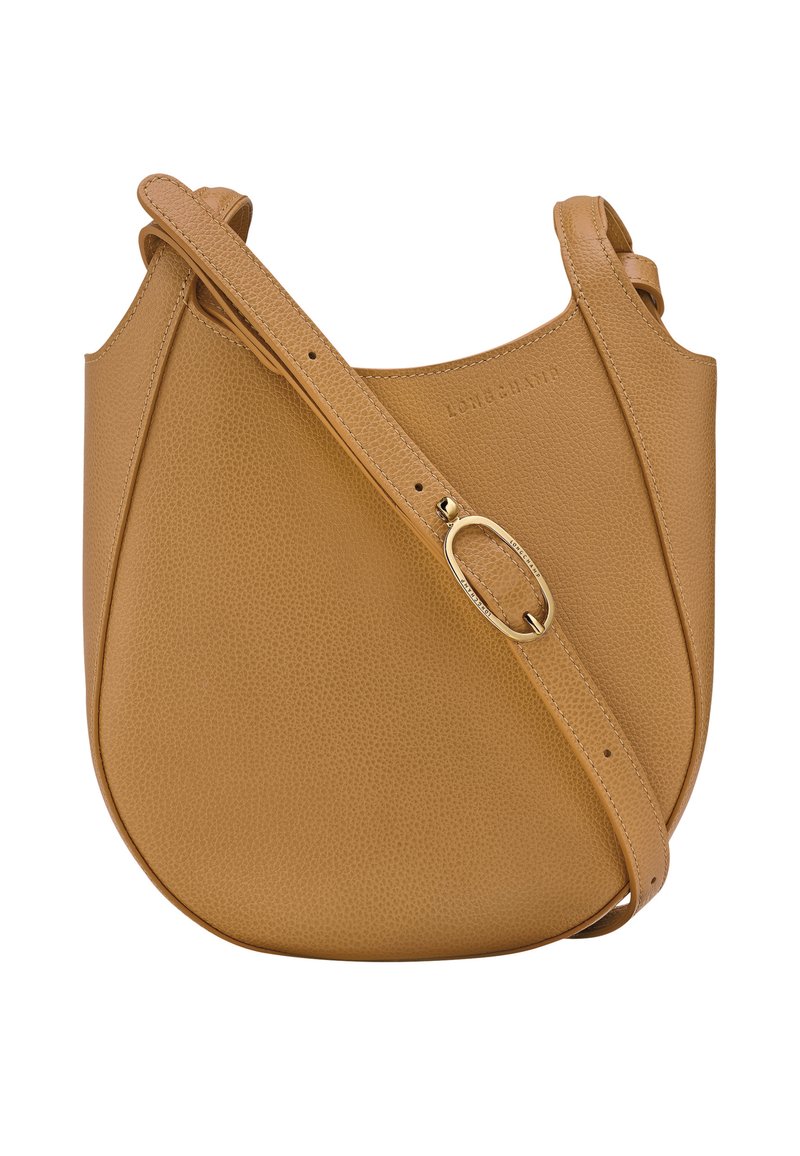 Braune Leder-Schultertasche in runder Form, mit strukturiertem Oberflächenmaterial, goldfarbener Hardware-Akzent und verstellbarem Riemen.