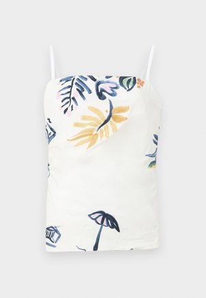 White camisole with delicate spaghetti straps, featuring a colorful floral and tropical print in blue, yellow, pink, and green.