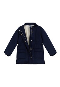 Giacca blu navy con chiusura a zip e bottoni, dotata di fodera in peluche, due tasche frontali e vita regolabile per una vestibilità perfetta.