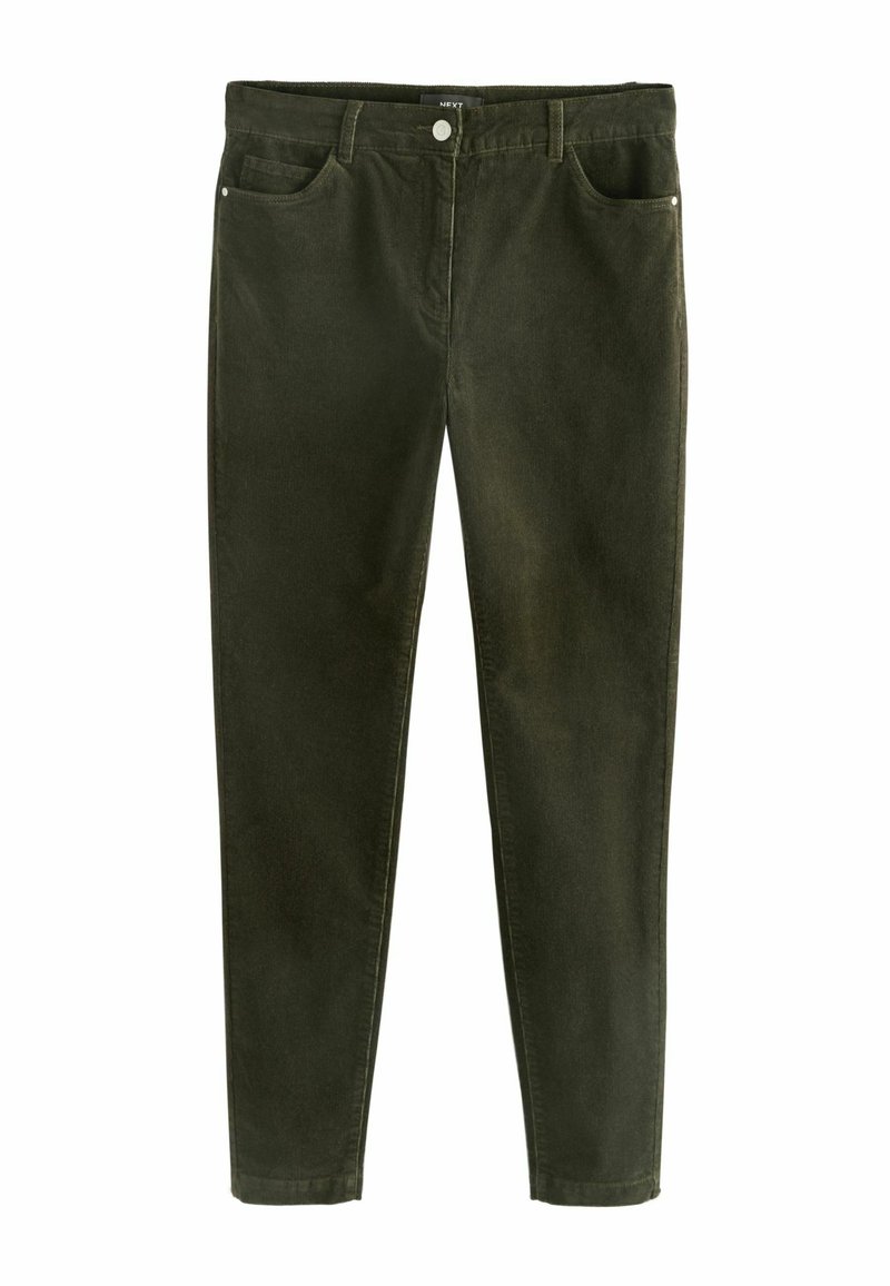 Pantaloni de catifea verde cu croială slim, cinci buzunare, închidere cu buton și detalii de cusătură contrastante pe față.