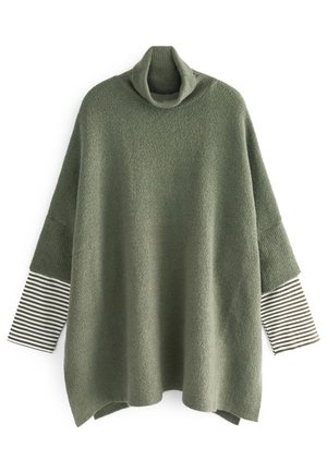 Olivi vihreä ylisuuri high-neck neulepaita, jossa on teksturoitu kangas ja leveät hihat. Tummanvihreä ja valkoinen raidallinen kuvio alahihassa.